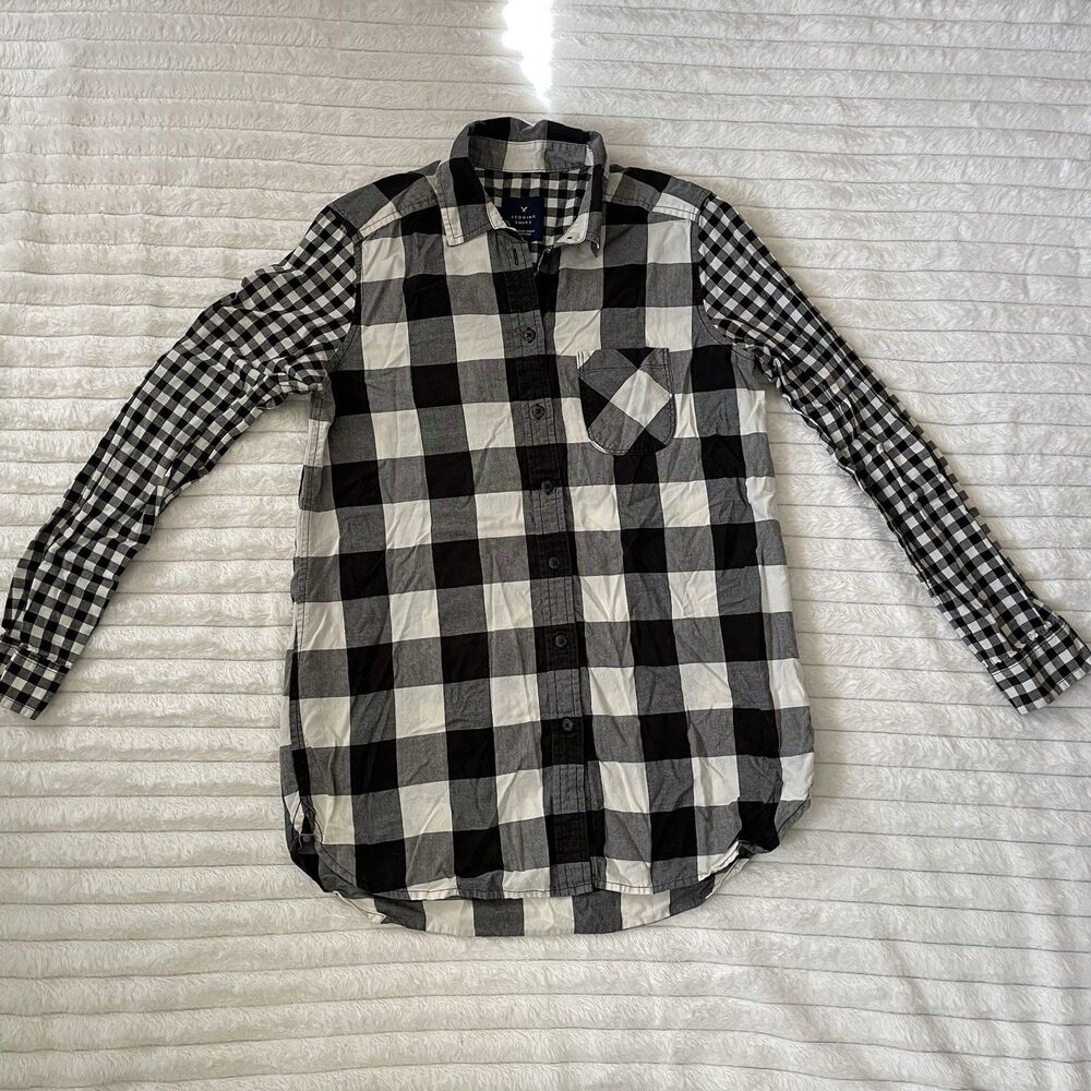 AMERICAN EAGLE Black White Plaid Jegging Button Up Shirt 100% Cotton Size XS